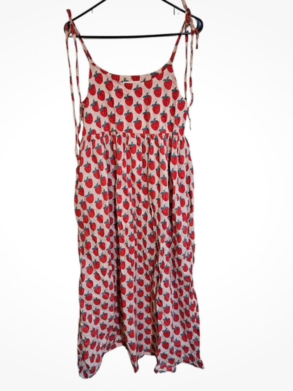 Strawberry Print White Maxi Dress with Tie Straps